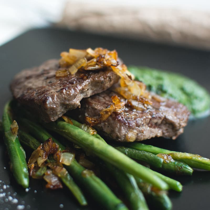 steak, green beans nicely plated